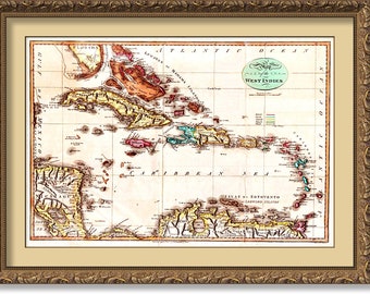 1808 Map of West Indies, or Caribbean Islands, Honduras, Nicaragua, Leeward Islands or Islas de Sotovento, South Florida, POSTER Print