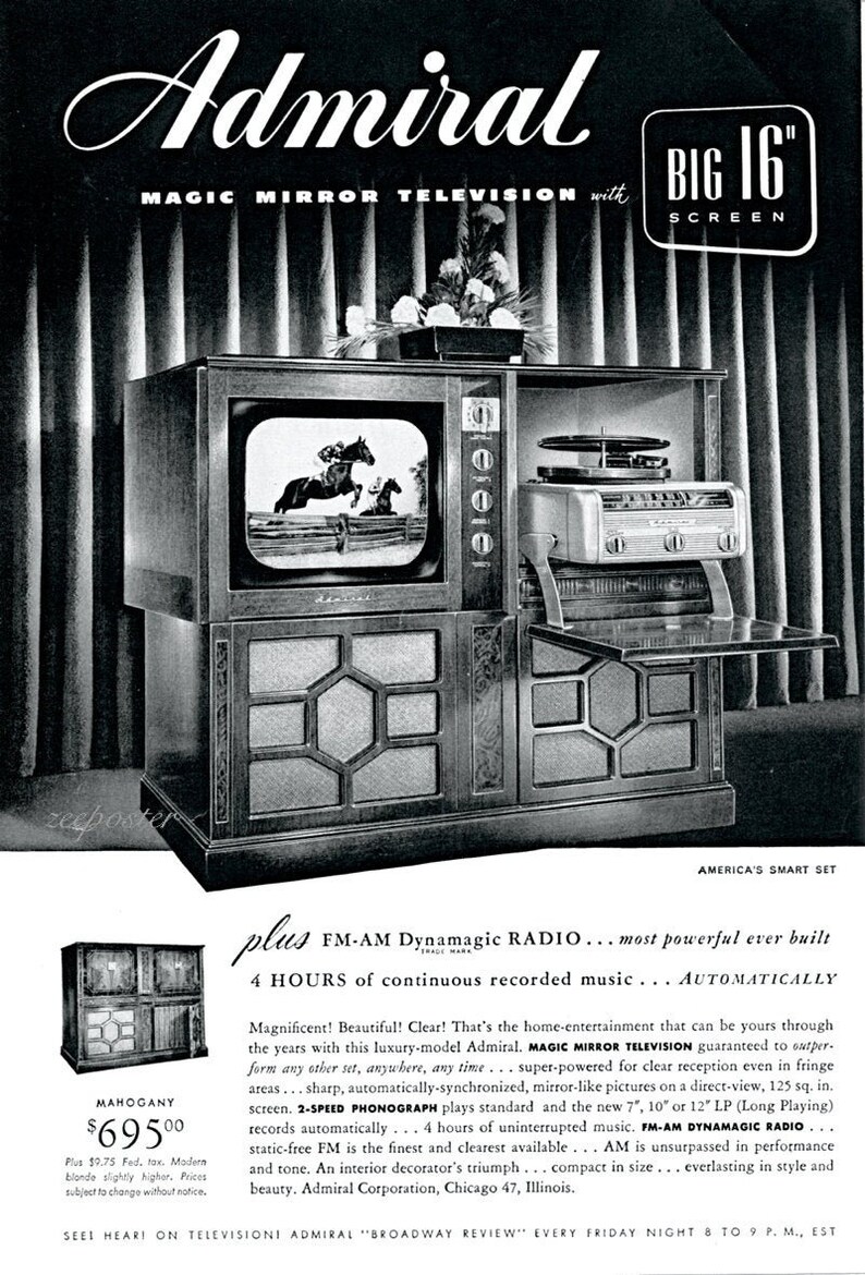 Admiral Magic Mirror Television 1949 With Big 16 Screen, Vintage 1949
