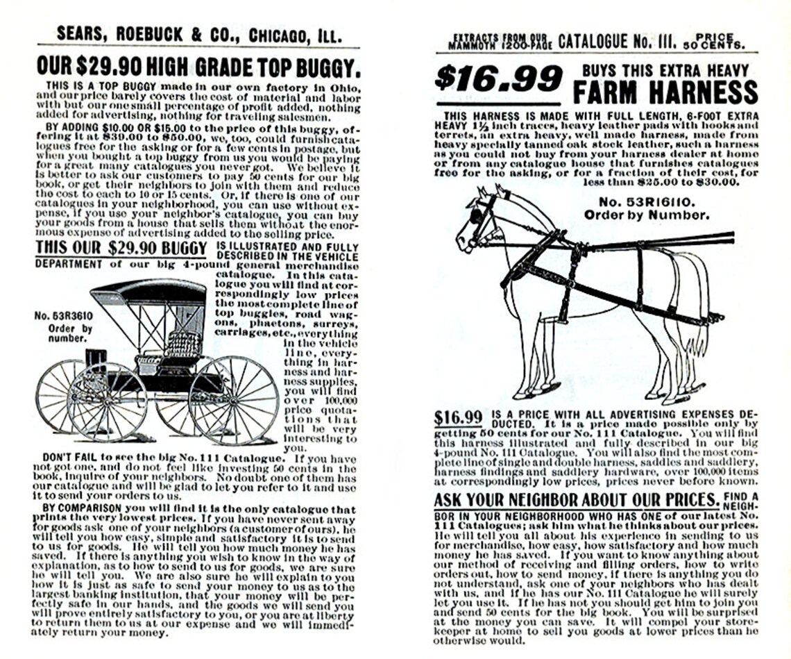 1909 Sears Roebuck Catalogue Page, Buggy Carriage, Horse Farm Harness
