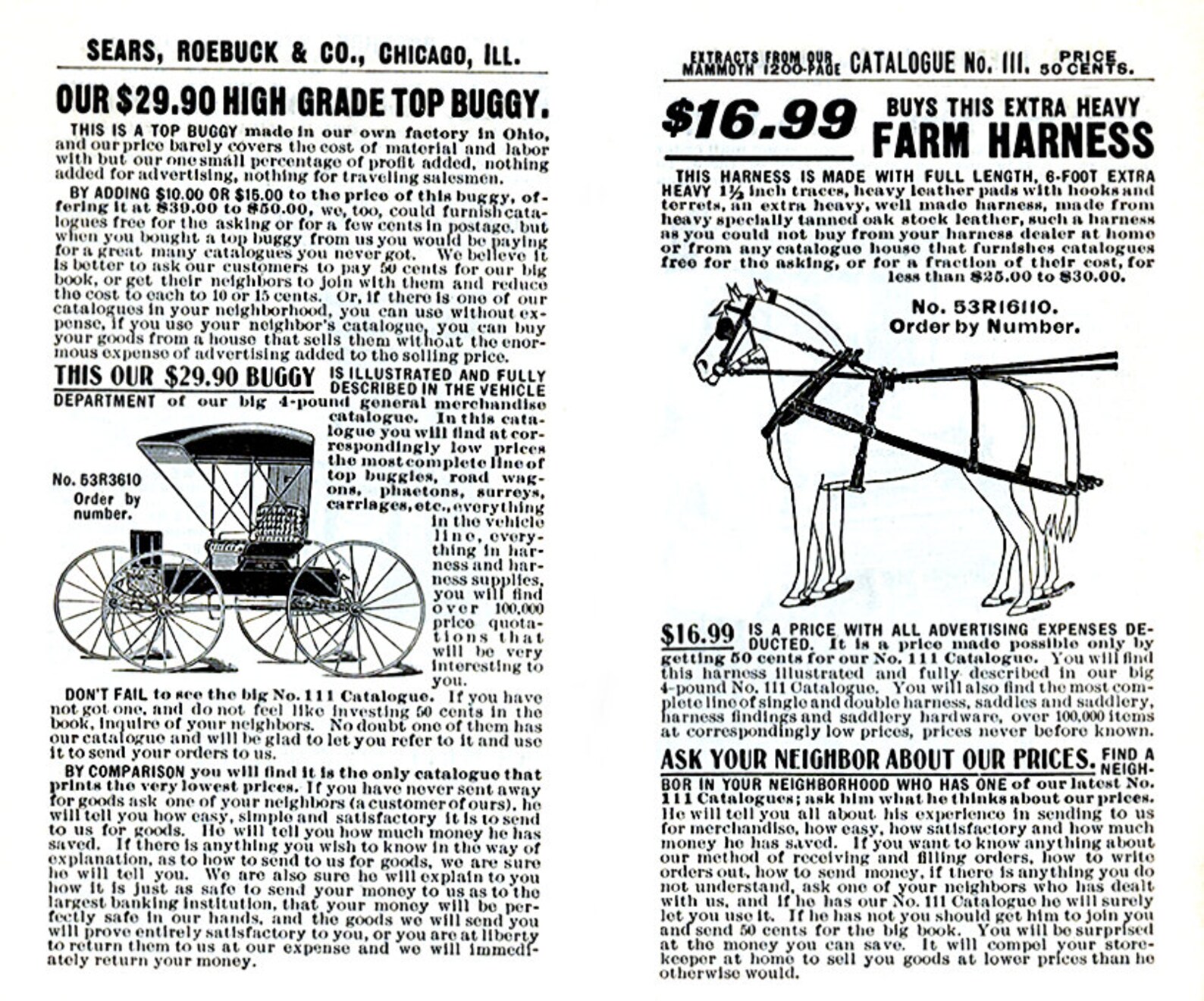 1909 Sears Roebuck Catalogue Page, Buggy Carriage, Horse Farm Harness