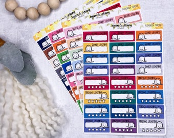 May include: A collection of colorful audiobook tracker stickers. Each sticker features a hat icon and the text "Began Listening" or "Finished Listening." The stickers are in various colors, including pink, orange, and blue, with a star rating system.
