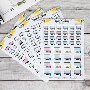 May include: Four sheets of computer monitor stickers with different color schemes. The stickers are in a variety of colors, including pastel, bold, and rainbow. The stickers are all the same size and shape, and they feature a computer monitor with a cup of coffee next to it. The stickers are labeled "Pastel Computers", "Bold Computers", and "Lemon & Honey Studio".