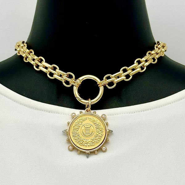 Multi link gold chain necklace. Gold coin pendant. Statement necklace.