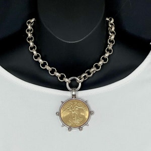 Large coin necklace. Gold French replica coin. Antique silver rolo chain. Statement Necklace. Large chunky chain.