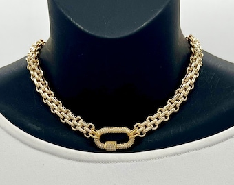 Gold Double Link Chain Necklace, CZ Pave Carabiner Clasp. Layering necklace. Choker necklace.