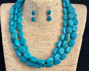 Triple Strand turquoise necklace, matching earrings, Statement necklace, Turquoise Howlite. Chunky turquoise.
