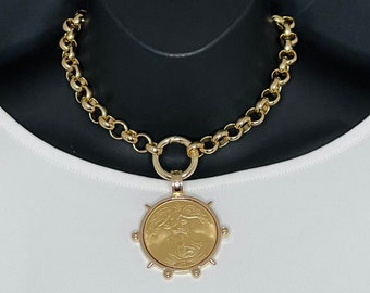 Gold French Coin Rolo Chain Necklace, Statement necklace. Replica coin. Chunky chain.