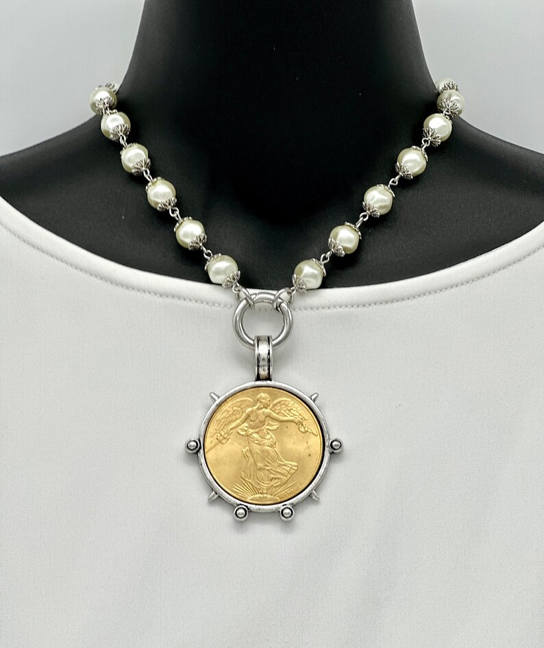 Pearl Necklace. Large Gold Silver Coin. Statement Necklace. Etsy