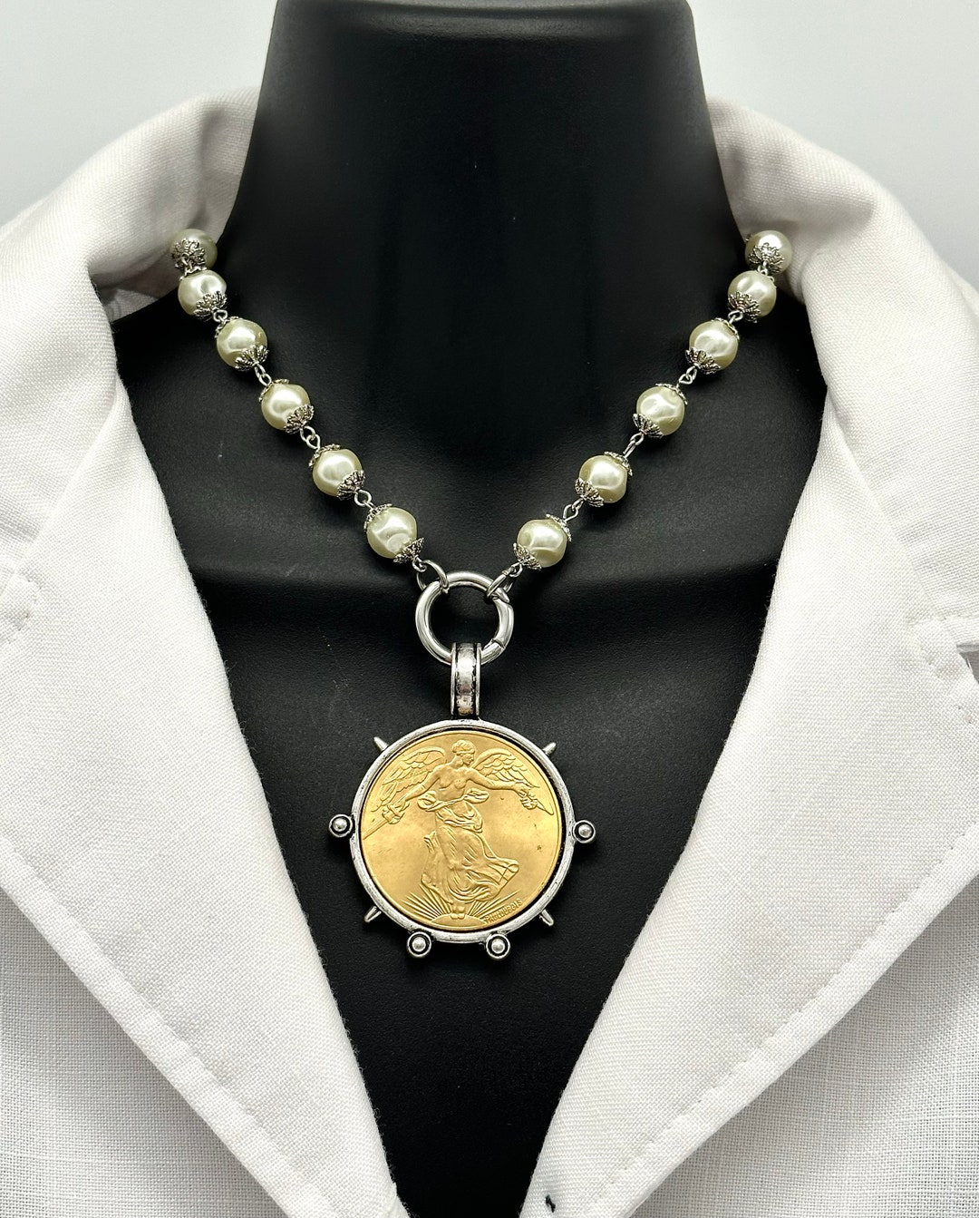 Pearl Necklace. Large Gold Silver Coin. Statement Necklace. Etsy