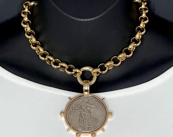 Gold Rolo Chain Necklace, Large French Coin Pendant