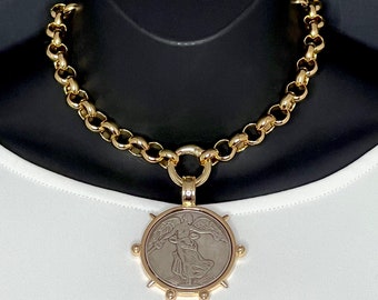 Chunky gold rolo chain necklace. Large coin pendant necklace. Large silver, gold coin. Large gold rolo chain.