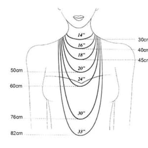 May include: Diagram showing different necklace lengths in inches and centimeters. The lengths are 14 inches, 16 inches, 18 inches, 20 inches, 24 inches, 30 inches, and 33 inches. The corresponding lengths in centimeters are 30 cm, 40 cm, 45 cm, 50 cm, 60 cm, 76 cm, and 82 cm.