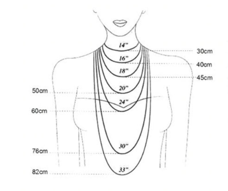 May include: Diagram showing different necklace lengths in inches and centimeters. The lengths are 14 inches, 16 inches, 18 inches, 20 inches, 24 inches, 30 inches, and 33 inches. The corresponding lengths in centimeters are 30 cm, 40 cm, 45 cm, 50 cm, 60 cm, 76 cm, and 82 cm.