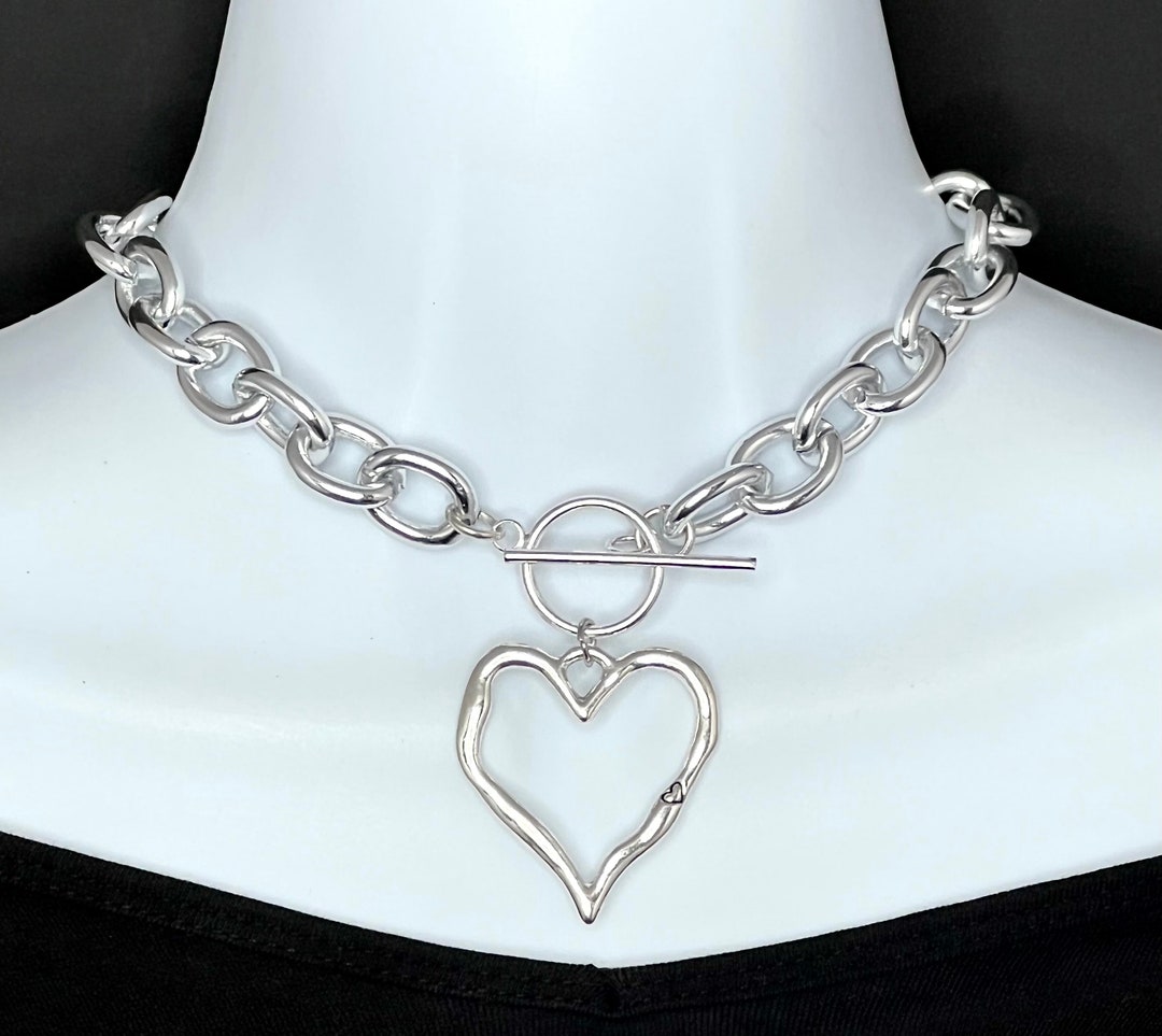 Silver Chain Necklace. Large Heart Necklace. Lightweight Etsy