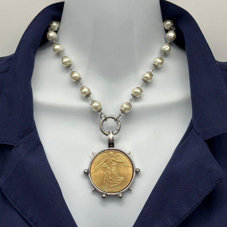 Pearl Necklace. Large Gold Silver Coin. Statement Necklace. Etsy