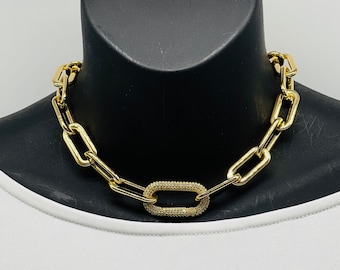24k Gold Plated Chunky Chain Necklace, CZ Carabiner Clasp. Large link chain.
