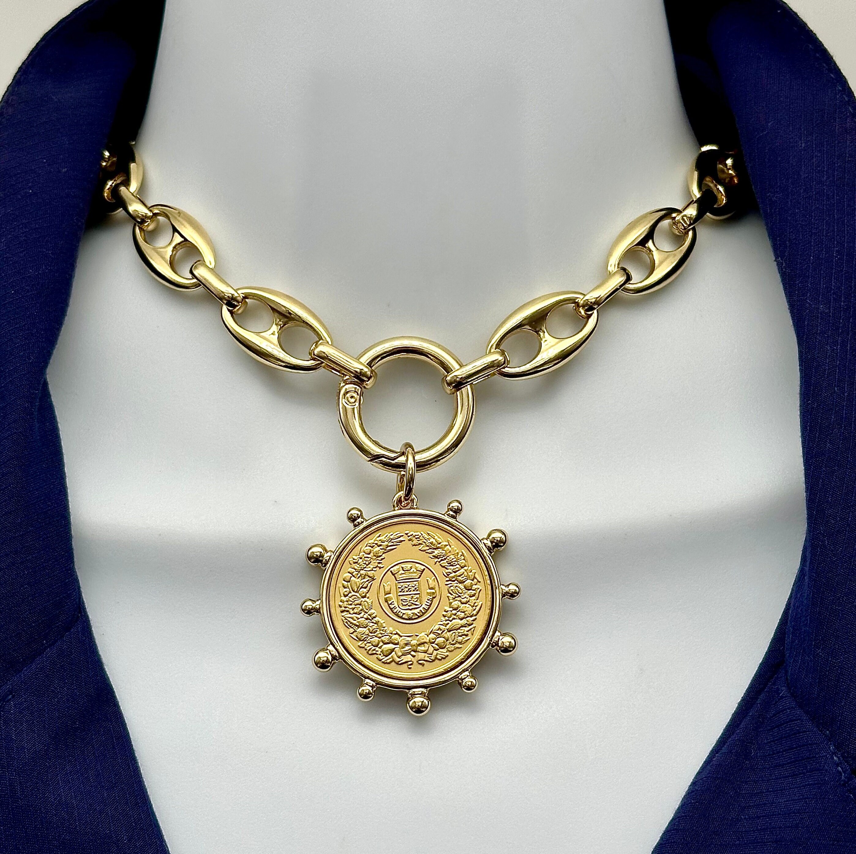 Large Anchor Chain Necklace. Gold Replica French Coin. 18k Plated