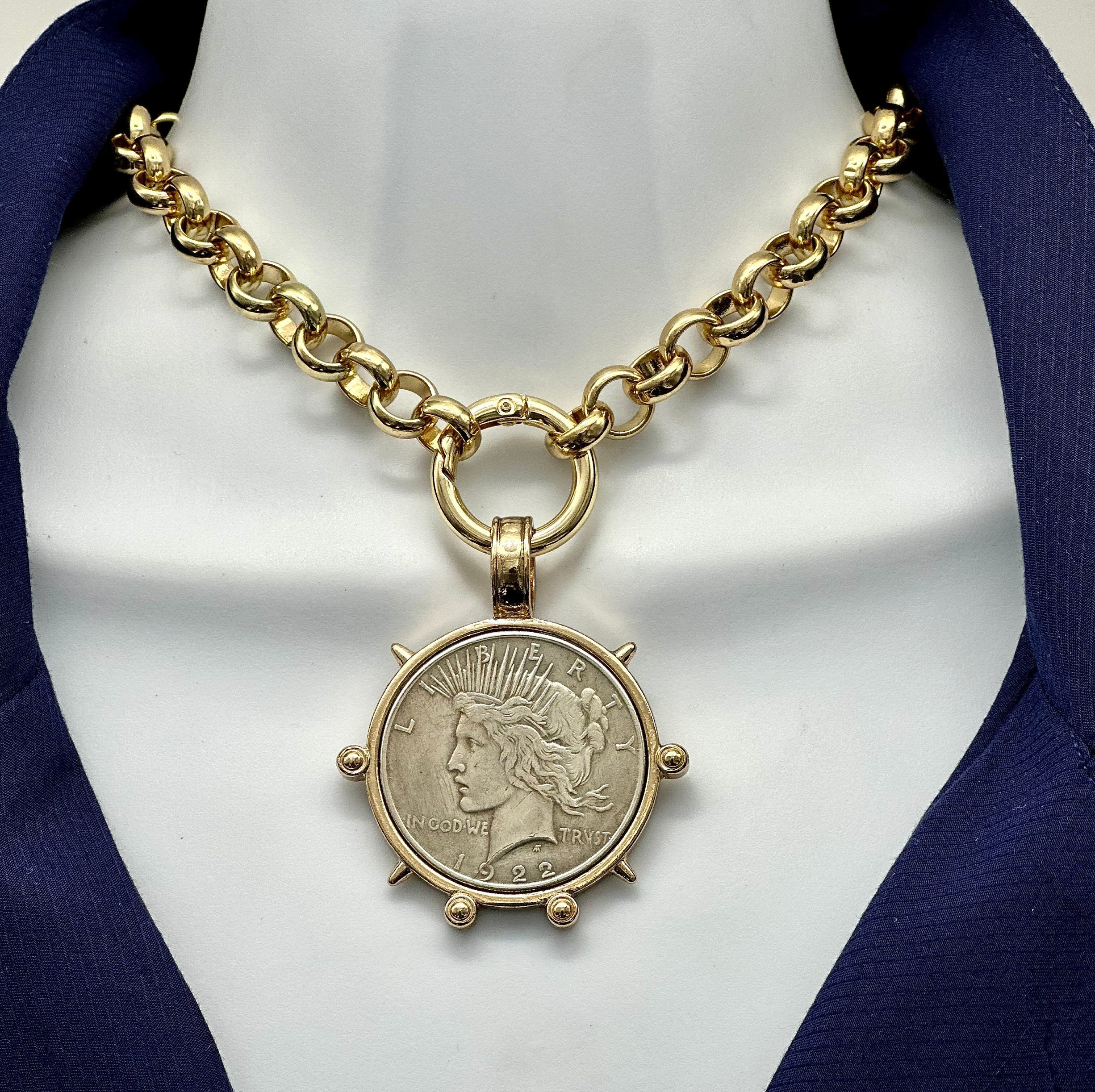 Large Liberty Coin Necklace, Gold Rolo Chain, Vintage Replica