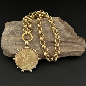 Large gold coin rolo chain necklace. Commemorative coin. Large gold coin. Statement necklace. Chunky chain.