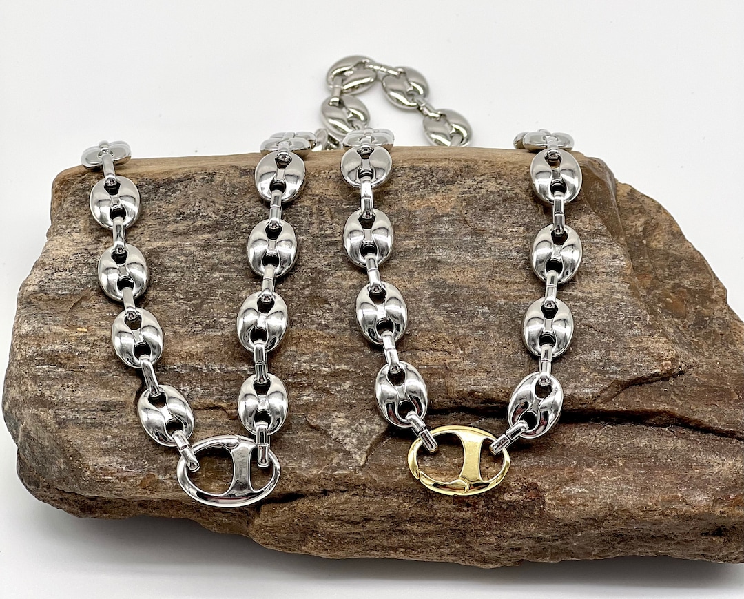 Silver Mariner Anchor Chain Necklace. Puffed Anchor Chain. Chunky