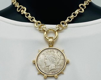 Gold Liberty Peace Dollar Coin Necklace: Art Deco Eternity Chain. Figure 8 chain. Statement necklace.
