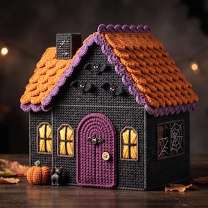 Pode incluir: Uma casa de Halloween feita à mão em crochê com estrutura preta, telhado laranja com acabamento roxo e porta em arco roxa. A casa inclui janelas amarelas, pequenas decorações de morcegos pretos, um design de teia e uma pequena abóbora.