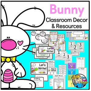 Puede incluir: Un conjunto de decoración y recursos para el aula con un conejo de dibujos animados con una pajarita amarilla. El conjunto incluye carteles, letreros y etiquetas con el texto "Let's Write!" y "Work on Writing".