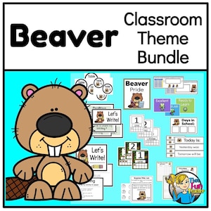 Könnte beinhalten: Ein Klassenzimmer-Dekorationspaket mit einem Biber-Thema. Das Paket enthält eine Vielzahl von druckbaren Postern, Diagrammen und anderen Klassenzimmerressourcen. Die Poster zeigen einen Cartoon-Biber und den Text "Beaver Pride", "Let's Write!" und "Days in School".