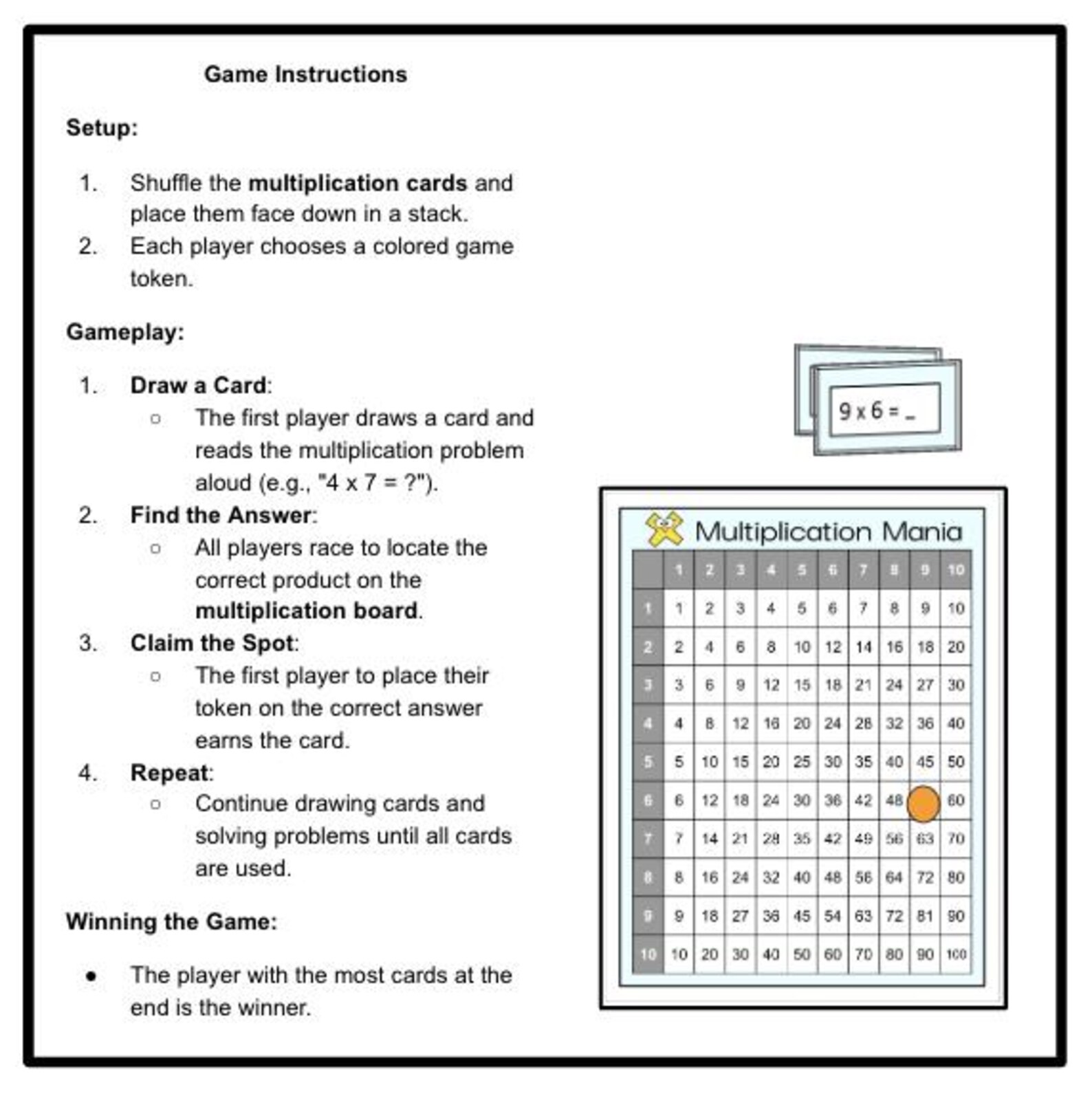 Mult Math Mania Multiplication Mania - Printable Math Game Review - Math Fact Practice ...