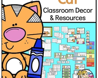 May include: Classroom decor and resources featuring a cartoon cat with a blue crayon. The set includes printable posters, charts, and other classroom materials. The text "Cat Classroom Decor & Resources" is at the top of the image.