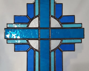 Stained Glass Cross Suncatcher in Aqua, Teal, and Blue #111