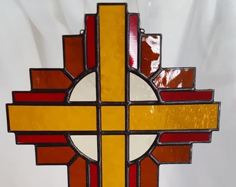 Stained Glass Cross Suncatcher Ambers and Red #116R