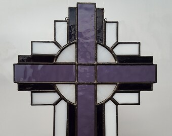 Stained Glass Cross Suncatcher, Purple / White #119
