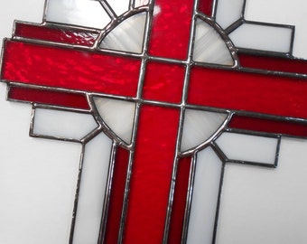 Stained Glass Cross Suncatcher Red and White #118