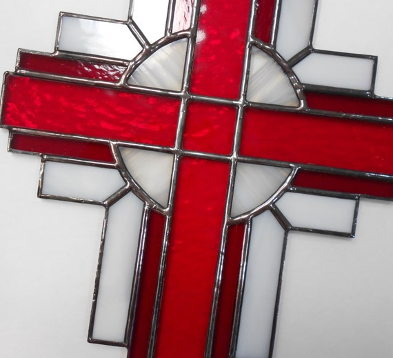 Stained Glass Cross Suncatcher Red and White 118 Etsy