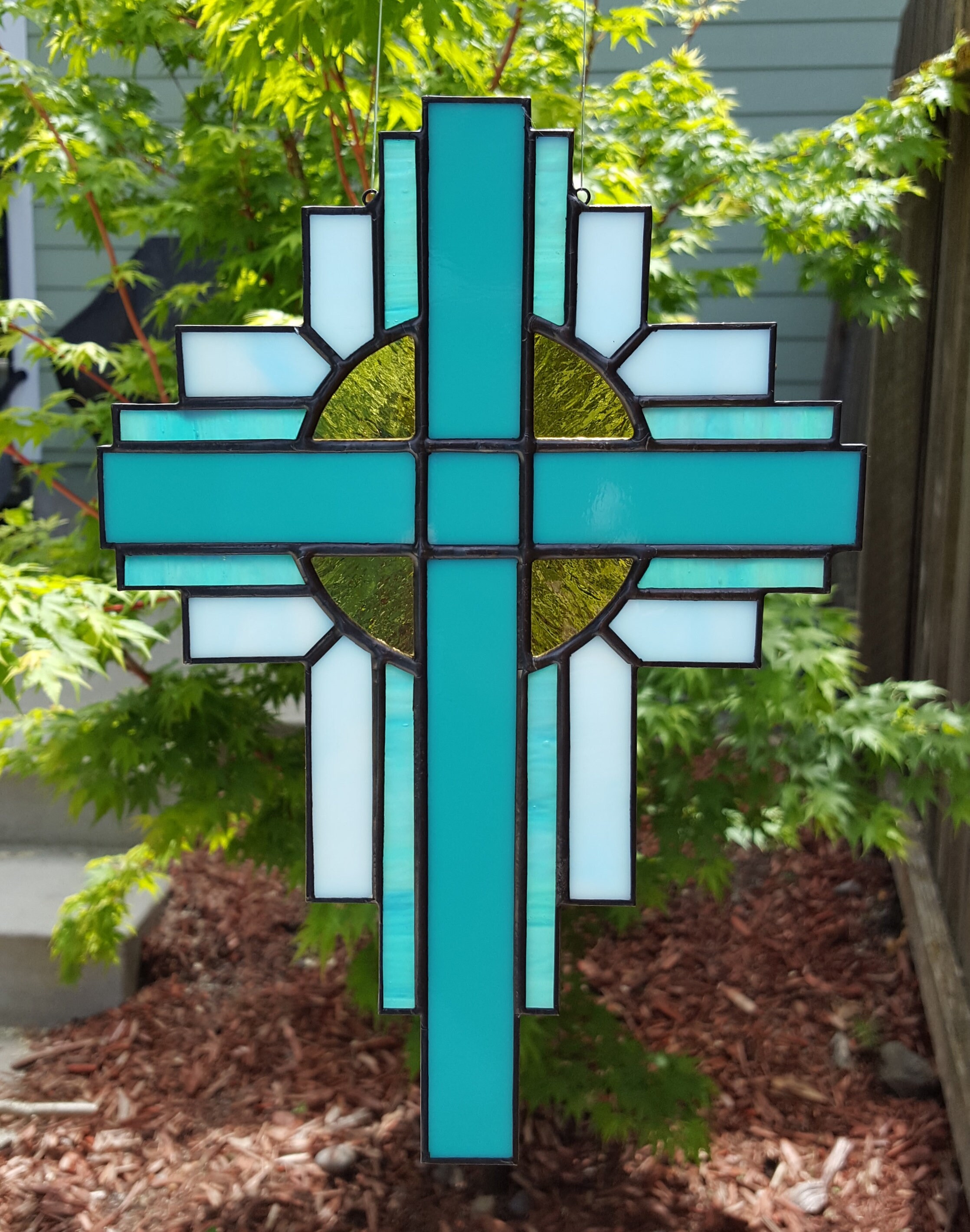 Stained Glass Cross Suncatcher in Turquoise Green 117 Etsy