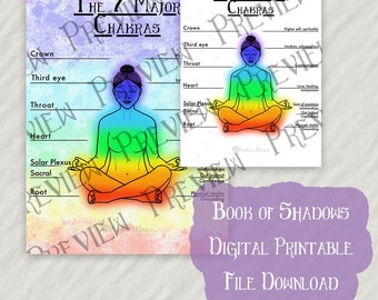 The 7 Major chakras info guide digital printable file for book of shadows