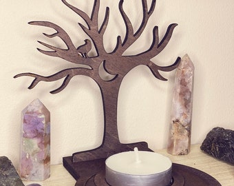Stained wooden luna tree shadow tea light holder