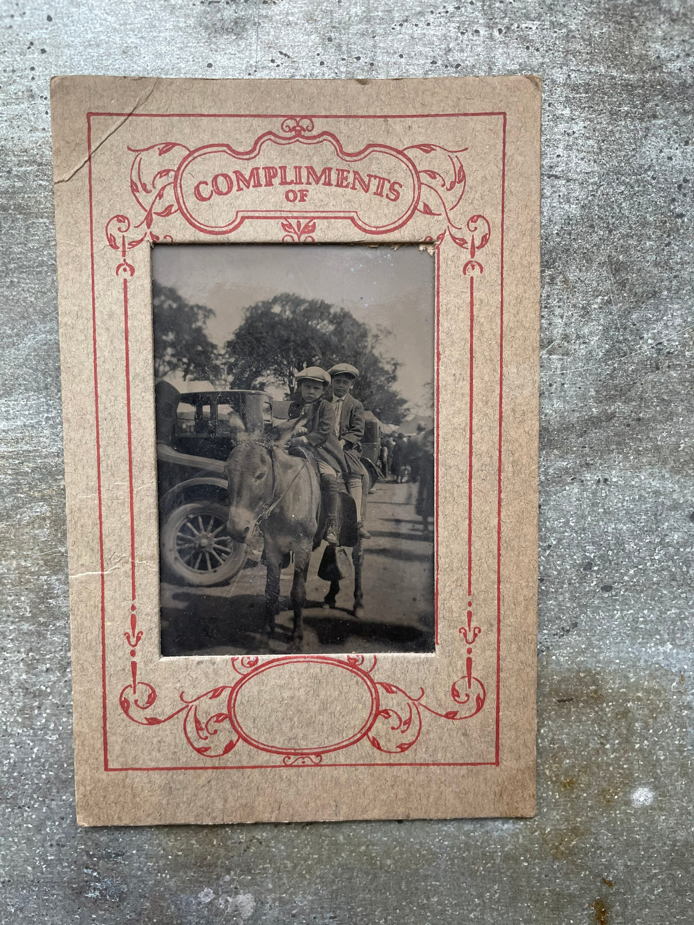 Vintage Cute boys on pony Ride - Mounted on fancy card - 1930s