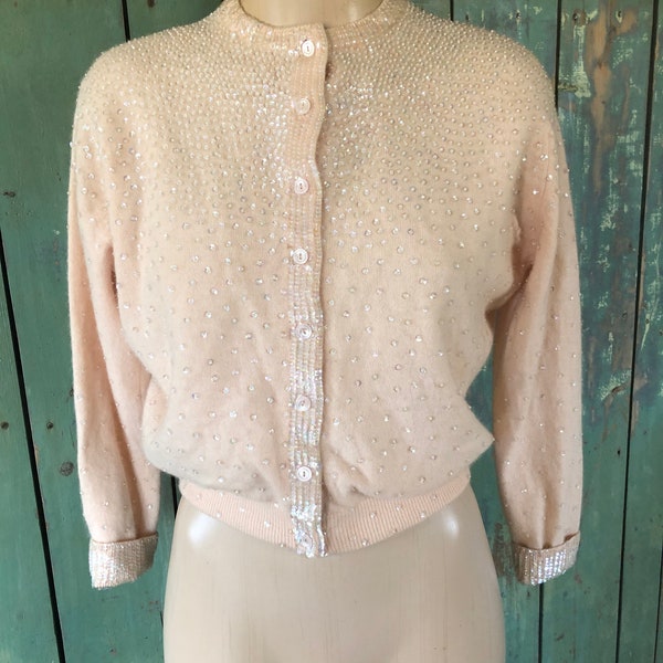 Vintage 1960s womens Casa Cavanagh Wool sweater - Iridescent sequins - peach pink - Petite - sequin cuffs - crop sweater -
