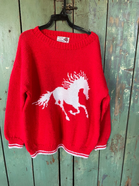 Vintage Childs Handmade Horse sweater Hand Knit  b