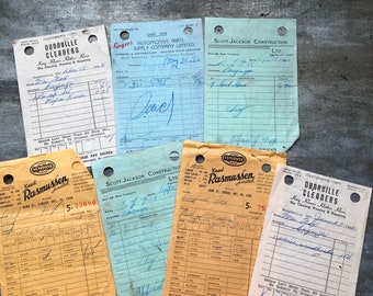7 Vintage Letterhead Paper Ephemera Handwritten Scrapbooking Collage 1950&#39;s Dry Cleaners Machine Shop Construction