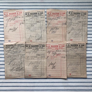 8 recibos antiguos de membrete - Garaje de servicio - Scrapbooking - Collage - 1950's - Neumáticos Firestone - Petróleo Imperial - Gasolina India Roja