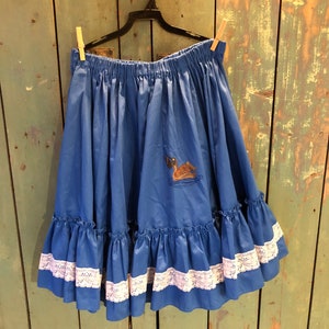 Vintage Blue Square dance skirt - hand painted pelican - 16&quot; elastic waist - lace trim - full circle - L - Western skirt