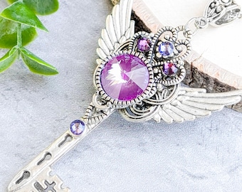 Skeleton Key Necklace "Songweaver" - Winged Key To My Heart Crystal Pendant, Pagan Fairy Jewelry Fairycore Fantasy Gothic Witchy Gift