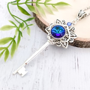 Skeleton Key Necklace &quot;Lunar Blossom&quot; - Ornate Flower Key To My Heart Crystal Pendant, Statement Fairy Jewelry Fairycore Fantasy Witchy Gift