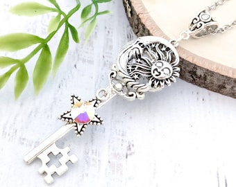 Skeleton Key Necklace "Celestial Trinity" - Sun Moon Star Key To My Heart Crystal Pendant, Fairy Jewelry Fairycore Fantasy Witchy Gift