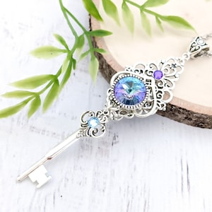 Skeleton Key Necklace "Fleur de Lune" - Ornate Lilac Key To My Heart Crystal Pendant, Statement Fairy Jewelry Fairycore Fantasy Witchy Gift
