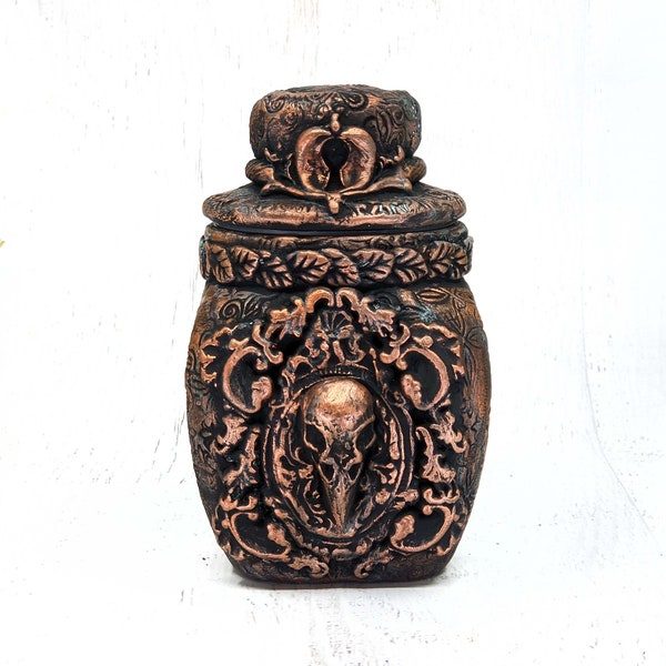 Crow Raven Skull Apothecary Jar Witch Potion Bottle, Spooky Copper Patina Witchy Decor, Wiccan Altar Pagan Gift, Witchcraft Herb Storage
