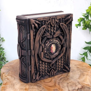 Conteneur de boîte de livre dragon, boîte à bijoux de rangement secrète, boîte à bibelots de jeu de tarot de tome magique, cadeau païen de sorcellerie de décor de sorcière, urne pour animal de compagnie